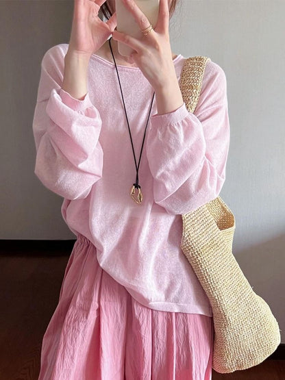 Neck Top Long-Sleeve Plain Round