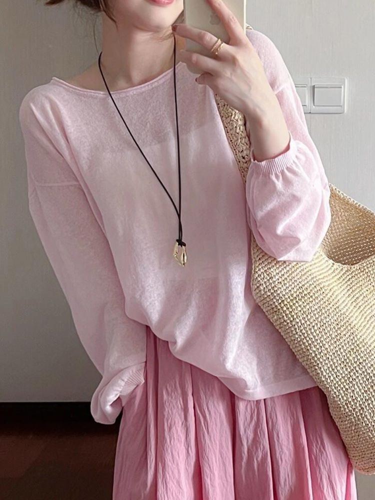 Neck Top Long-Sleeve Plain Round