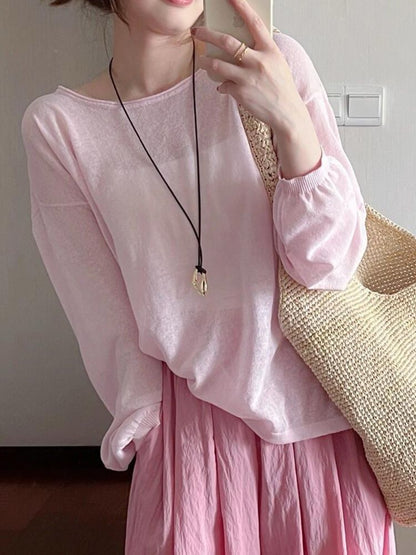 Neck Top Long-Sleeve Plain Round