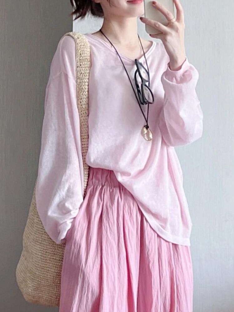 Neck Top Long-Sleeve Plain Round