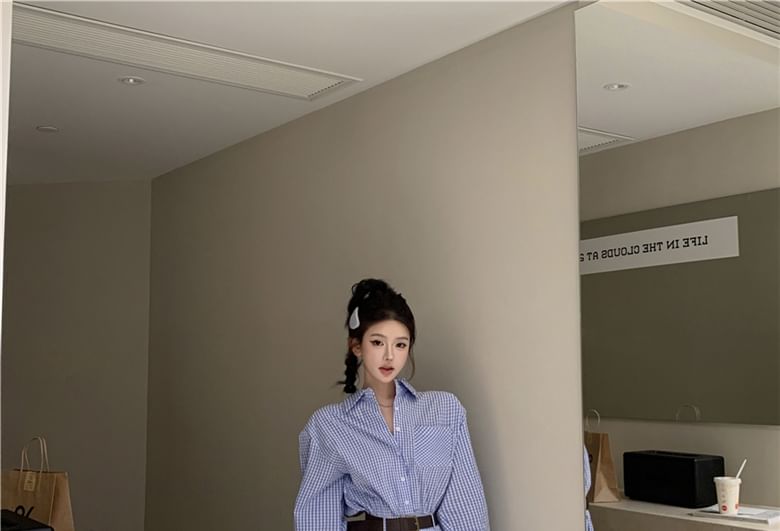 Mini Hem Pocket Dress Long-Sleeve Pleated Shirt Front Henley Plaid