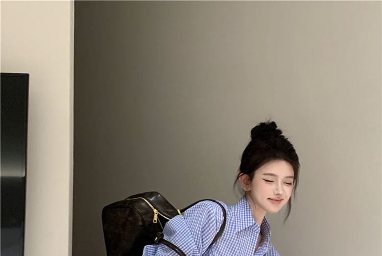 Mini Hem Pocket Dress Long-Sleeve Pleated Shirt Front Henley Plaid