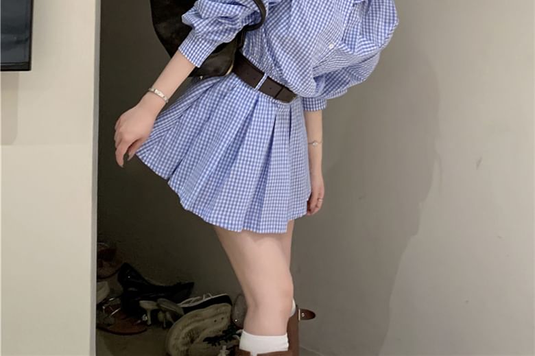Mini Hem Pocket Dress Long-Sleeve Pleated Shirt Front Henley Plaid
