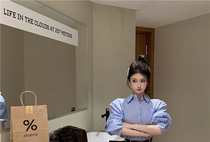 Mini Hem Pocket Dress Long-Sleeve Pleated Shirt Front Henley Plaid