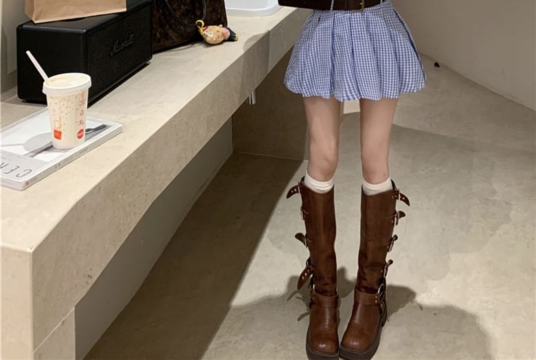 Mini Hem Pocket Dress Long-Sleeve Pleated Shirt Front Henley Plaid