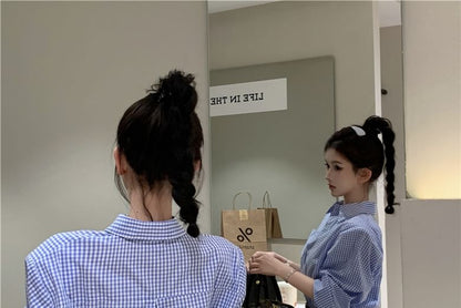 Mini Hem Pocket Dress Long-Sleeve Pleated Shirt Front Henley Plaid