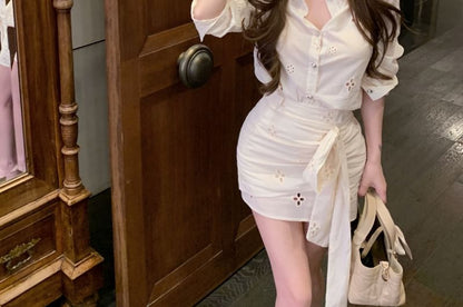 Ruched High Rise Bow / Mini Flower Long-Sleeve Embroidered Skirt Shirt Pencil