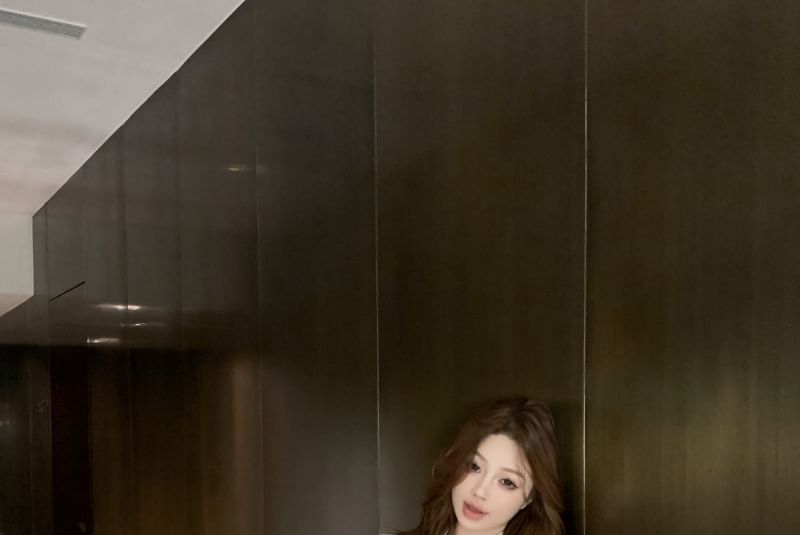 Ruched High Rise Bow / Mini Flower Long-Sleeve Embroidered Skirt Shirt Pencil