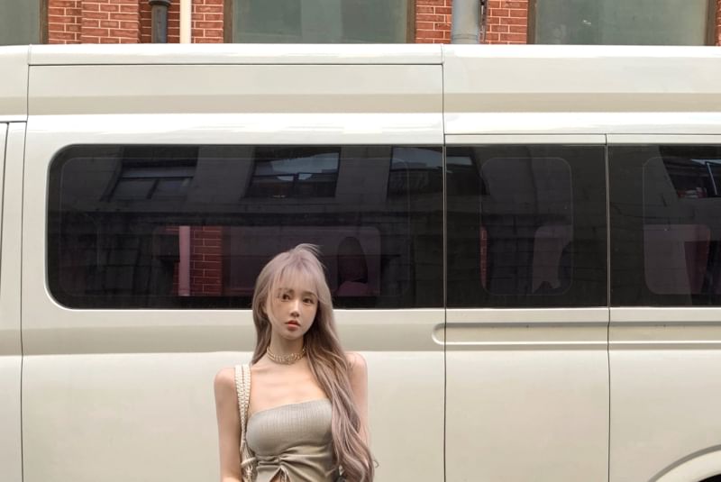 Top Strapless Side-Slit Asymmetrical Plain Waist / High Pants Drawstring Flared