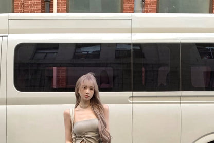 Top Strapless Side-Slit Asymmetrical Plain Waist / High Pants Drawstring Flared