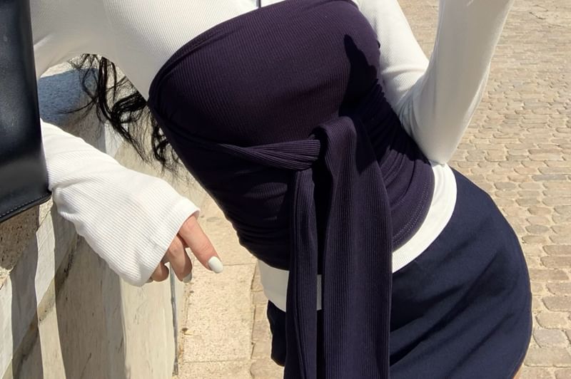 High Collar Plain Trim Tube Waist Tee Tie-Front Top Long-Sleeve Contrast Skirt / Mini Pencil
