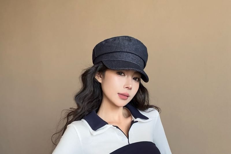 High Collar Plain Trim Tube Waist Tee Tie-Front Top Long-Sleeve Contrast Skirt / Mini Pencil