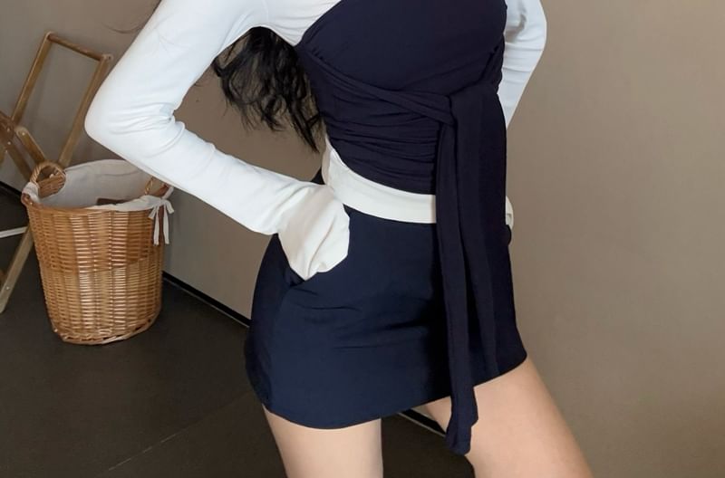 High Collar Plain Trim Tube Waist Tee Tie-Front Top Long-Sleeve Contrast Skirt / Mini Pencil