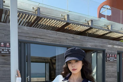 High Collar Plain Trim Tube Waist Tee Tie-Front Top Long-Sleeve Contrast Skirt / Mini Pencil