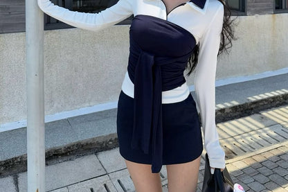 High Collar Plain Trim Tube Waist Tee Tie-Front Top Long-Sleeve Contrast Skirt / Mini Pencil