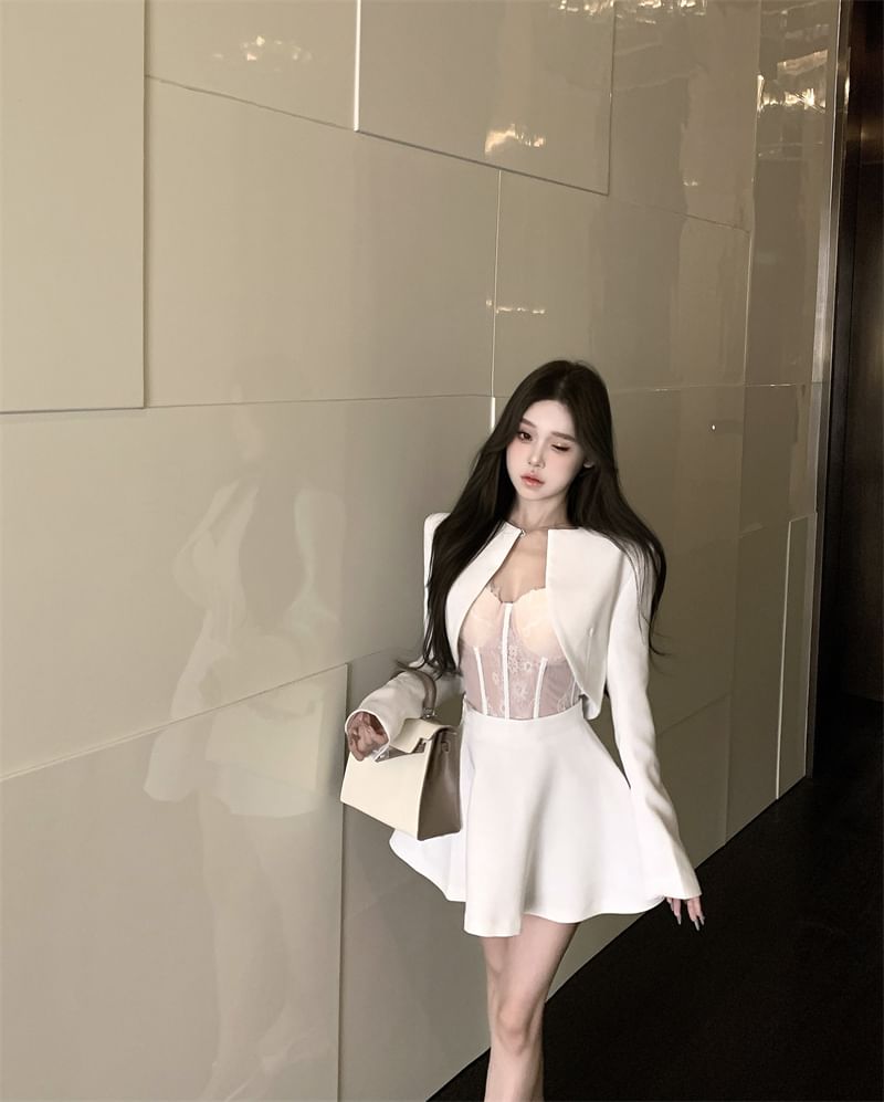 Front / A-Line Skirt Jacket Lace Bustier Rise Open Mini High Top Cropped Plain