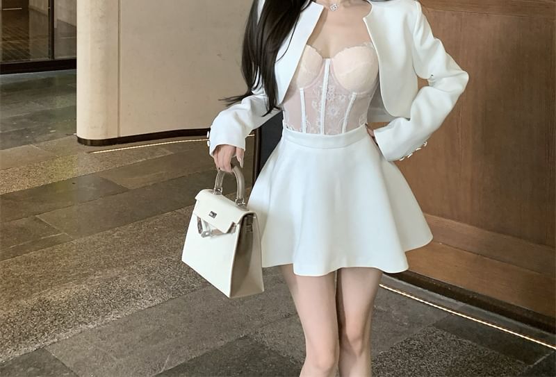 Front / A-Line Skirt Jacket Lace Bustier Rise Open Mini High Top Cropped Plain