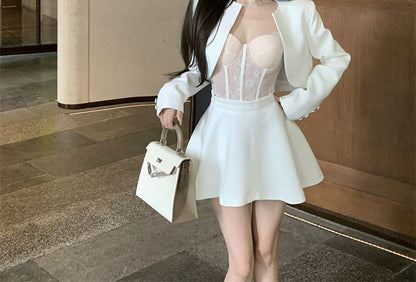 Front / A-Line Skirt Jacket Lace Bustier Rise Open Mini High Top Cropped Plain