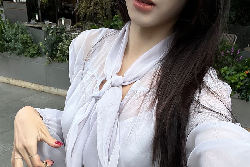 Top Skirt Cami A-Line Puff-Sleeve / High Plain Blouse Tie-Neck Set Rise Mini