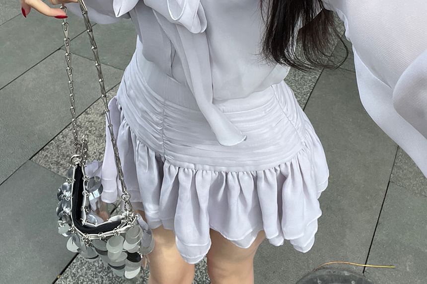 Top Skirt Cami A-Line Puff-Sleeve / High Plain Blouse Tie-Neck Set Rise Mini