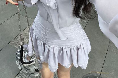 Top Skirt Cami A-Line Puff-Sleeve / High Plain Blouse Tie-Neck Set Rise Mini