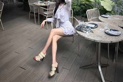 Top Skirt Cami A-Line Puff-Sleeve / High Plain Blouse Tie-Neck Set Rise Mini