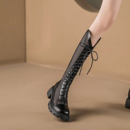 Panel Platform Lace-Up Mesh Tall Boots