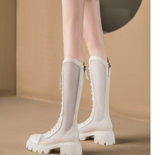 Panel Platform Lace-Up Mesh Tall Boots