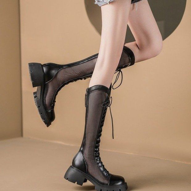 Panel Platform Lace-Up Mesh Tall Boots
