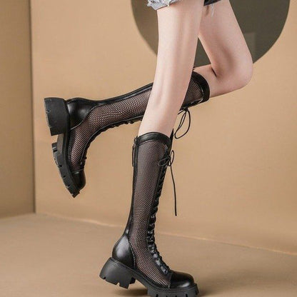 Panel Platform Lace-Up Mesh Tall Boots