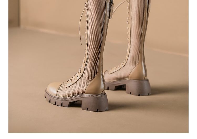 Panel Platform Lace-Up Mesh Tall Boots