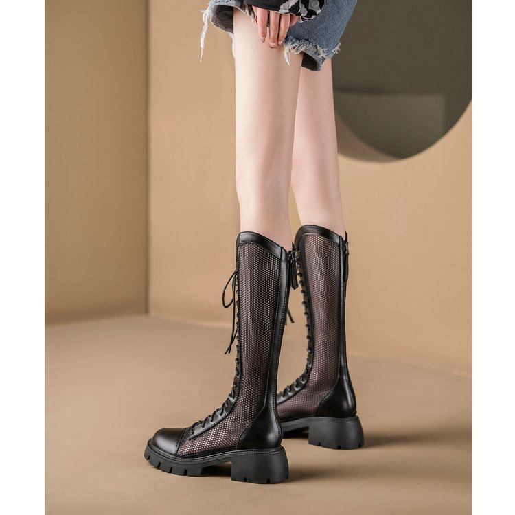 Panel Platform Lace-Up Mesh Tall Boots
