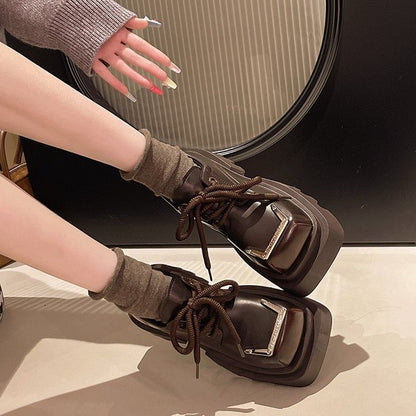 Platform Square Accent Shoes Metal Faux Lace-Up Toe Leather