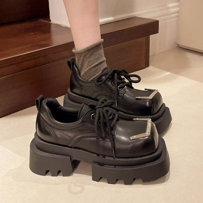 Platform Square Accent Shoes Metal Faux Lace-Up Toe Leather