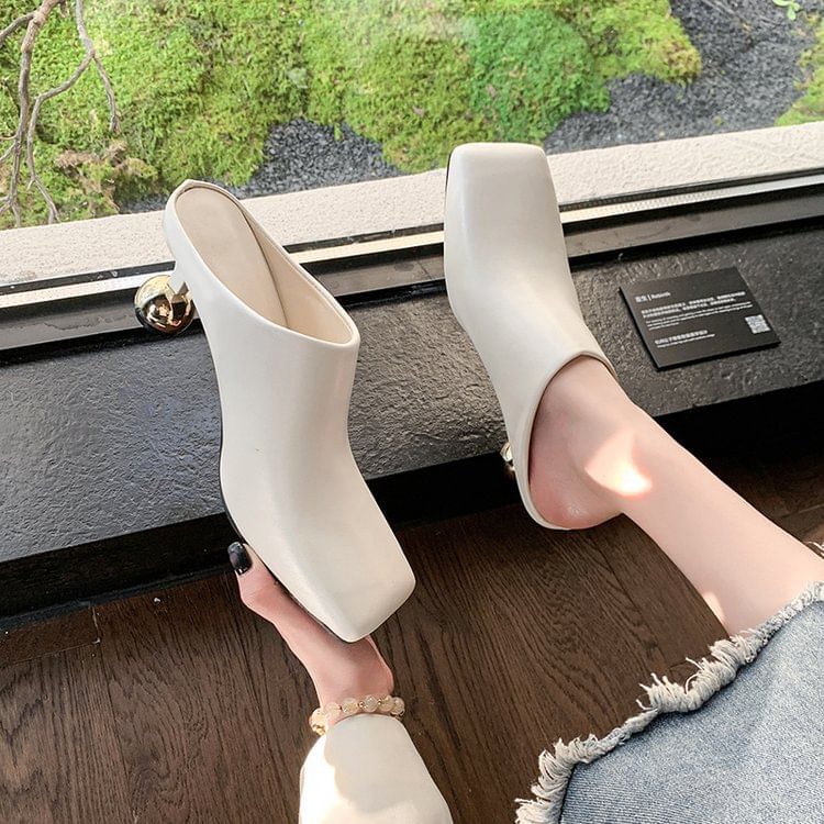 High Square Faux Toe Plain Leather Heel Mules