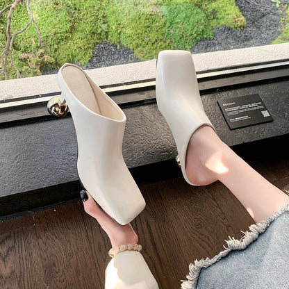 High Square Faux Toe Plain Leather Heel Mules