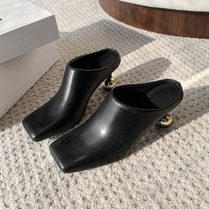 High Square Faux Toe Plain Leather Heel Mules