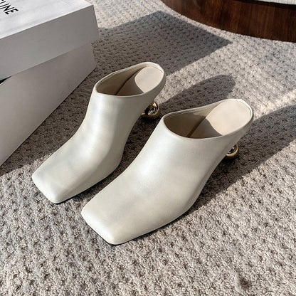 High Square Faux Toe Plain Leather Heel Mules