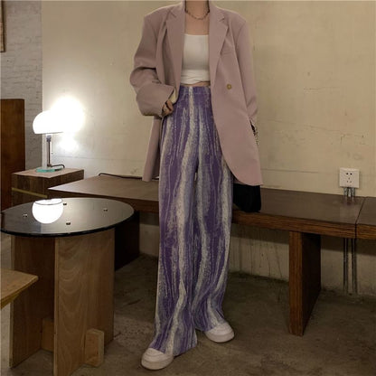 Pants High Pleated Print Leg Wide Rise Patterned