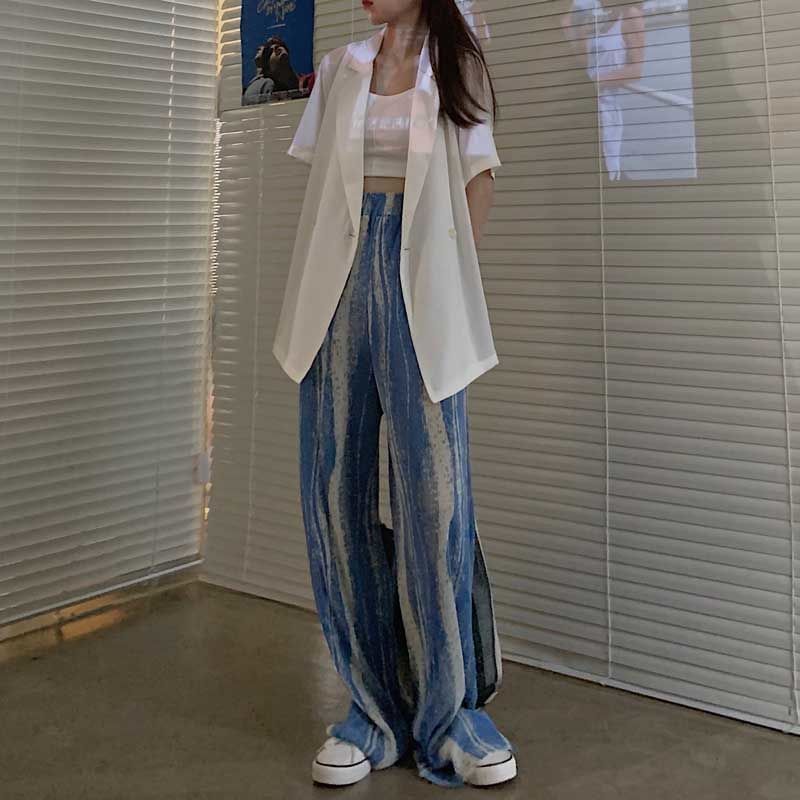 Pants High Pleated Print Leg Wide Rise Patterned