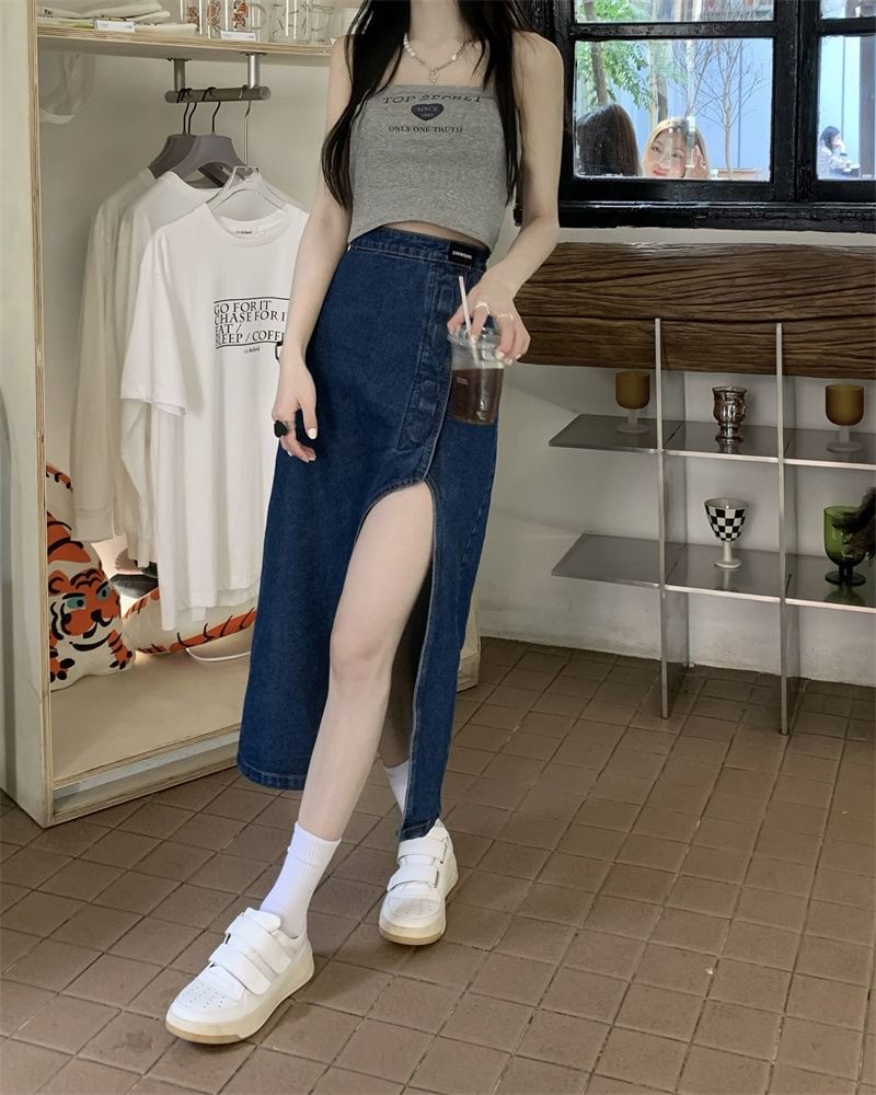 Washed Pencil Rise High Asymmetrical Denim Skirt Midi