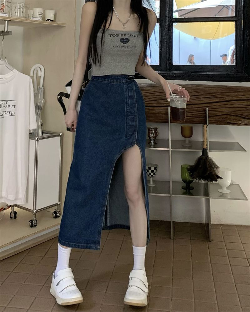 Washed Pencil Rise High Asymmetrical Denim Skirt Midi