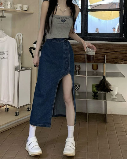 Washed Pencil Rise High Asymmetrical Denim Skirt Midi