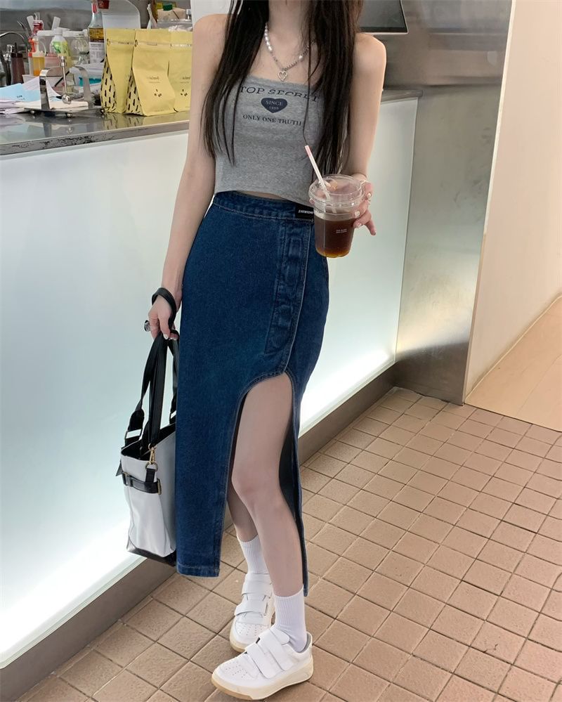 Washed Pencil Rise High Asymmetrical Denim Skirt Midi