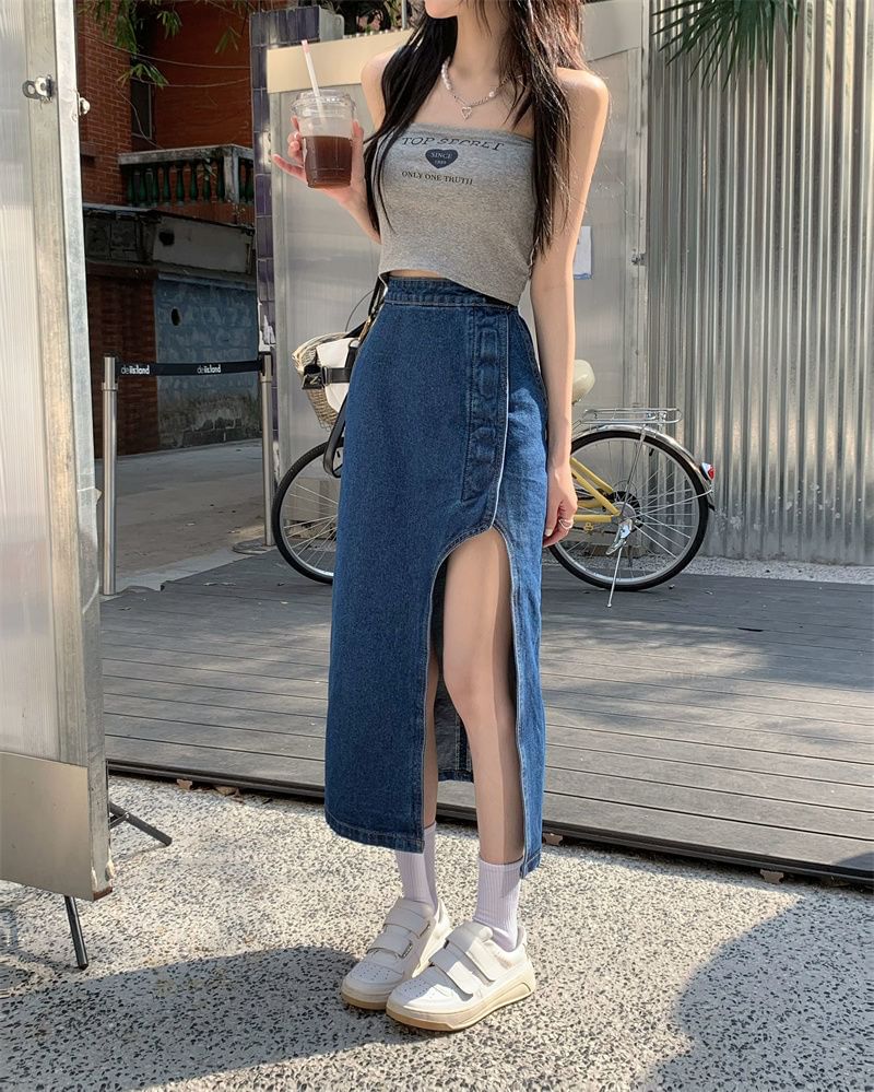 Washed Pencil Rise High Asymmetrical Denim Skirt Midi