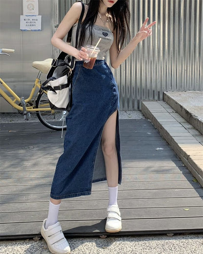 Washed Pencil Rise High Asymmetrical Denim Skirt Midi