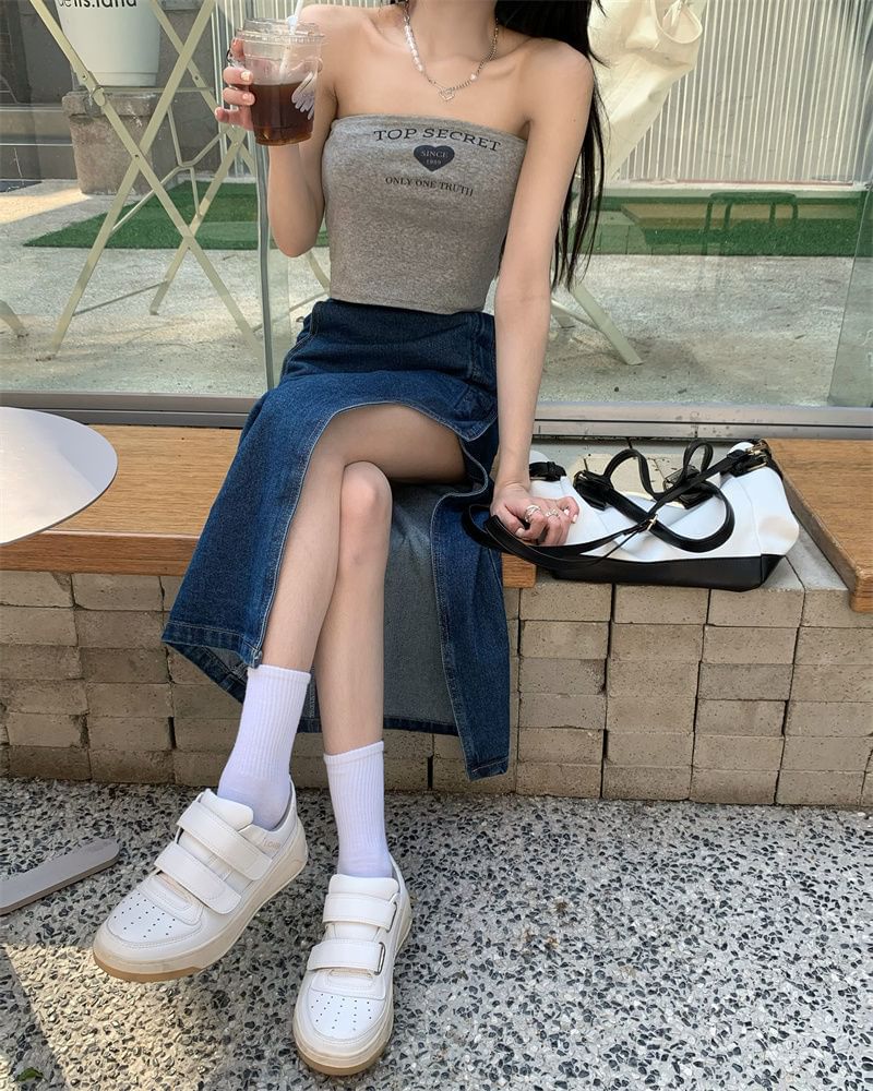 Washed Pencil Rise High Asymmetrical Denim Skirt Midi