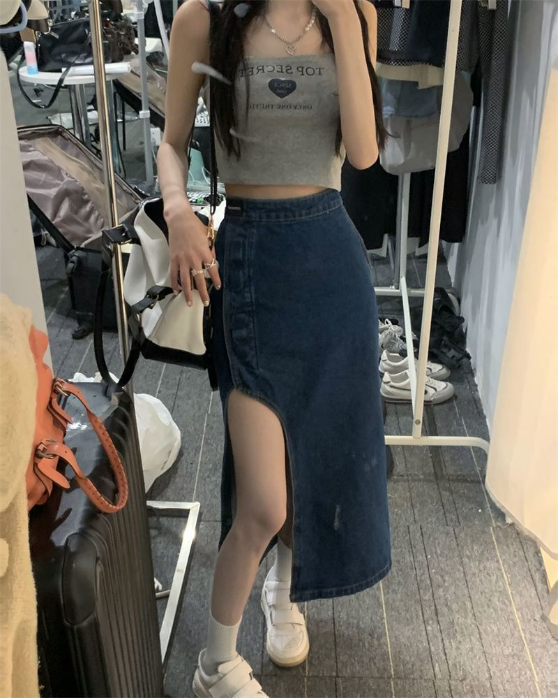 Washed Pencil Rise High Asymmetrical Denim Skirt Midi