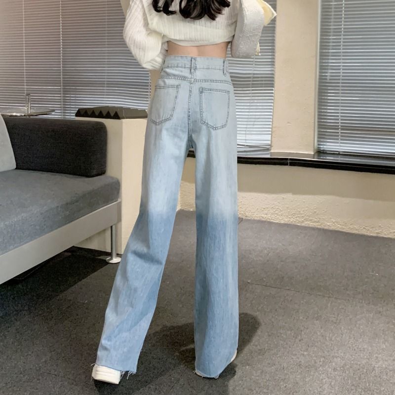 Jeans Wide Distressed Gradient High Waist Washed Leg