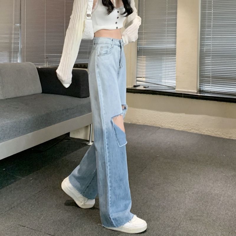 Jeans Wide Distressed Gradient High Waist Washed Leg